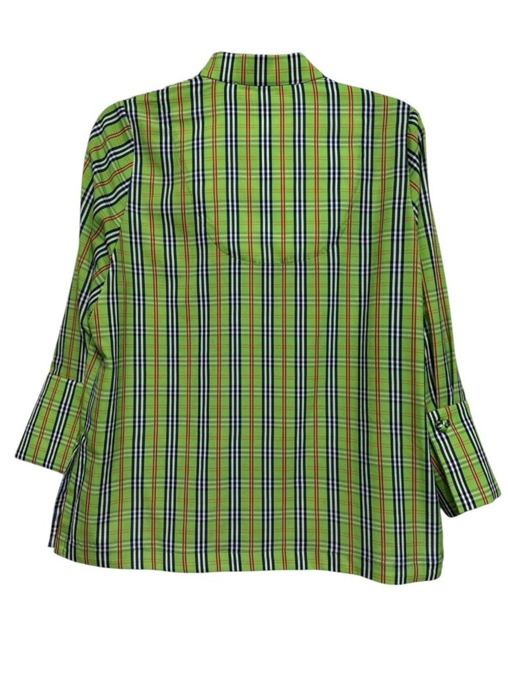 Gretchen Scott Green Plaid Mock Neck Button Front Blouse Size Medium 3/4 Sleeves - Picture 2 of 5